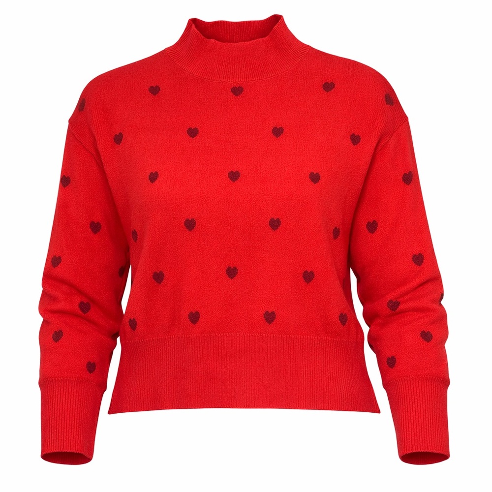 Red Mock Neck Sweater with Heart Pattern Valentine’s Day